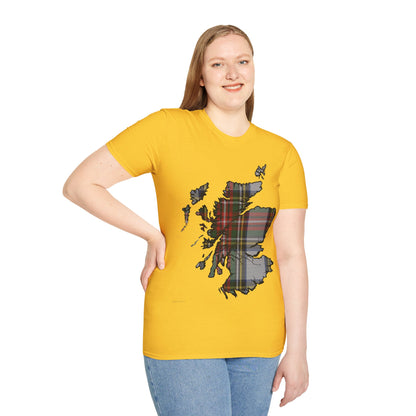 Scotland Tartan Map Softstyle Unisex T-Shirt, Stewart Dress Tartan, Various Colours