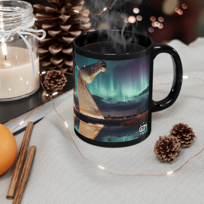 Kelpies Northern Lights Mug, Coffee Cup, Tea Cup, Scottish Art, Scottish Landmarks, Scottish Nature, Black