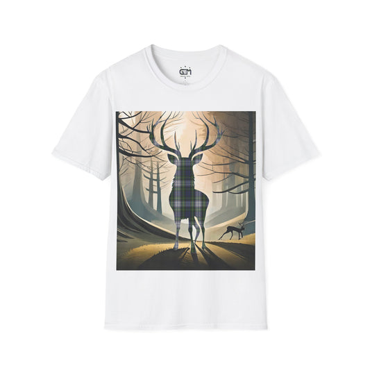 Stag Tartan Silhouette Softstyle T-Shirt - Gordon Dress Tartan, Unisex Tee, Scottish Scenery, Various Colours