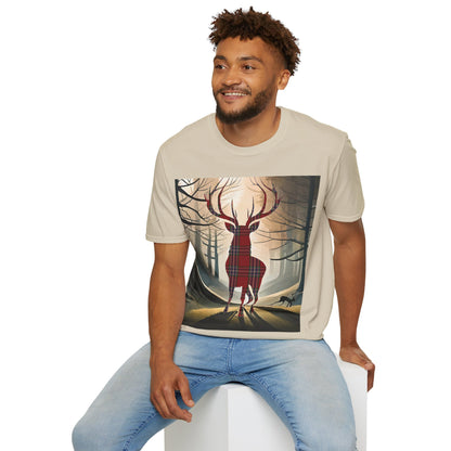 Stag Tartan Silhouette Softstyle T-Shirt - MacFarlane Tartan, Unisex Tee, Scottish Scenery, Various Colours