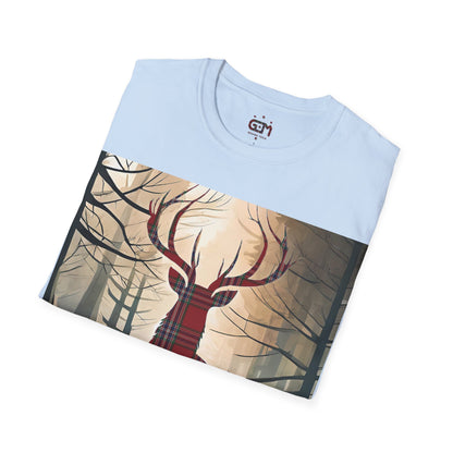 Stag Tartan Silhouette Softstyle T-Shirt - MacFarlane Tartan, Unisex Tee, Scottish Scenery, Various Colours