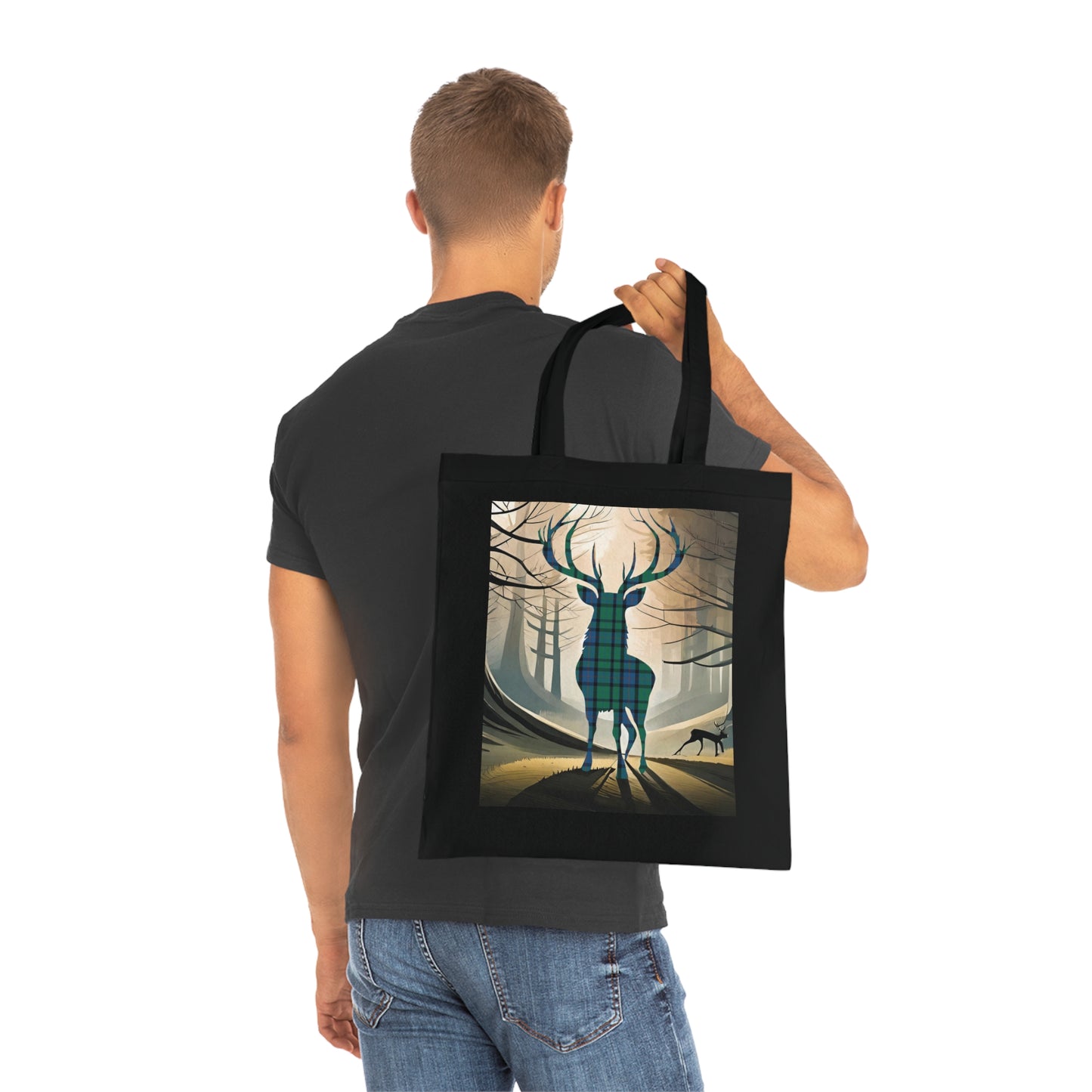 Reversible Scotland Tartan Stag Cotton Tote Bag - Flower of Scotland Tartan