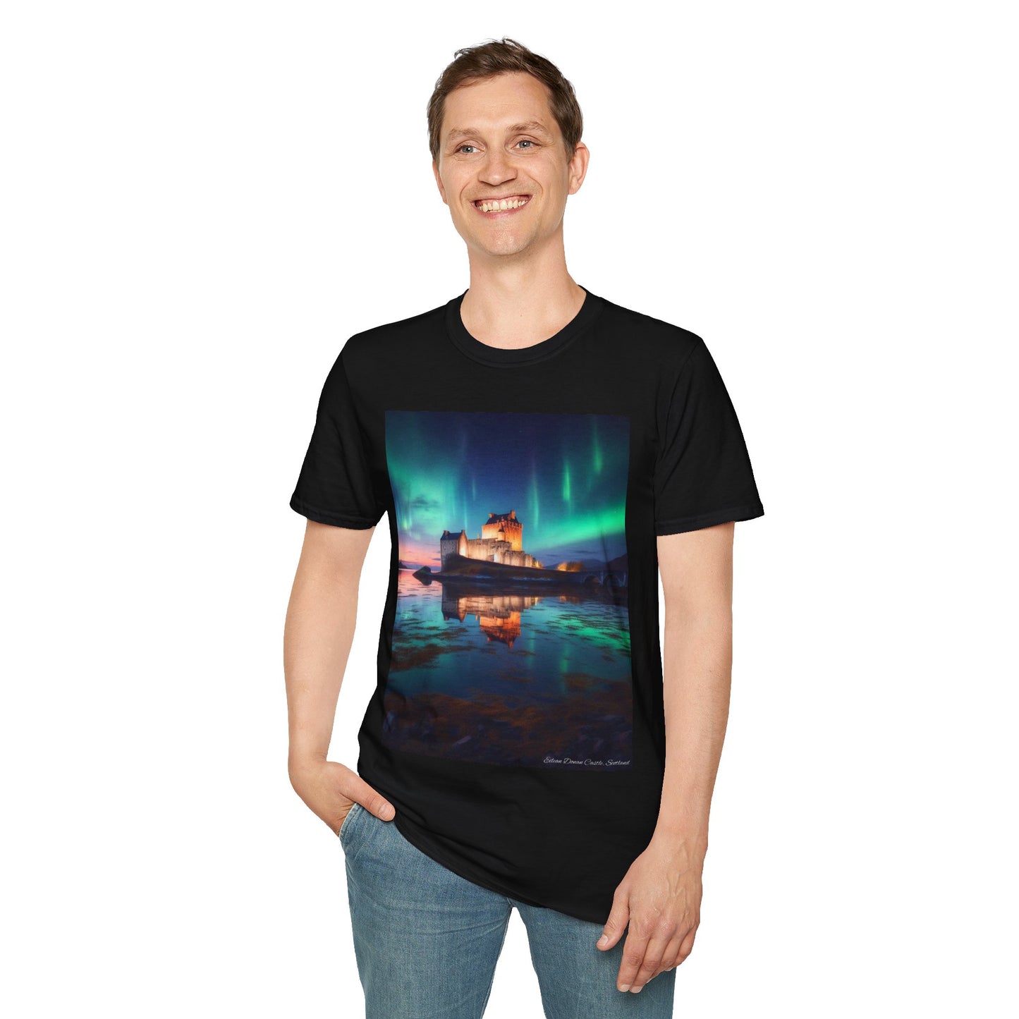 Eilean Donan Castle with Northern Lights Softstyle Unisex T-Shirt, Scotland Tee