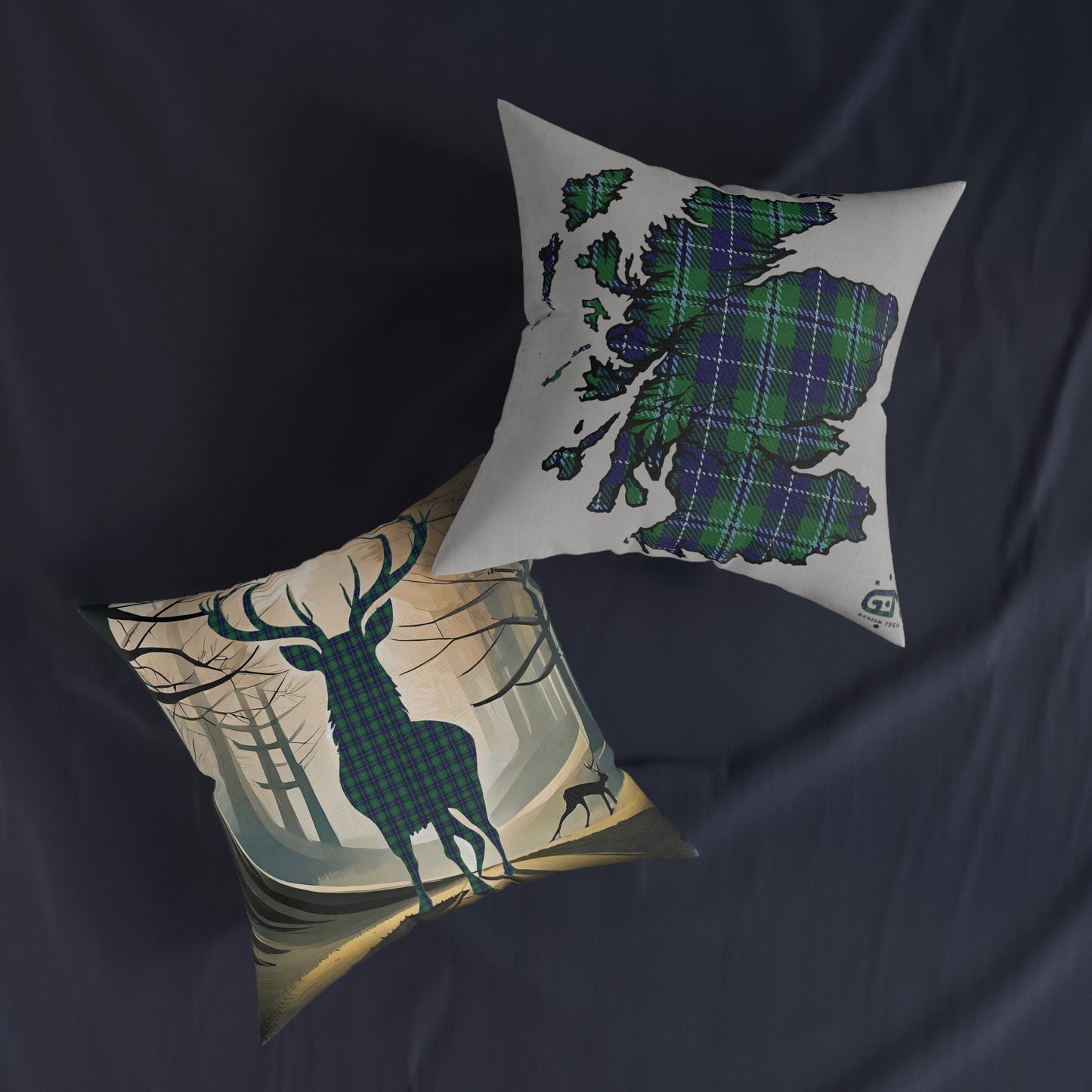 Reversible Square Cushion : Stag / Scotland Map - Douglas Tartan, Various Sizes