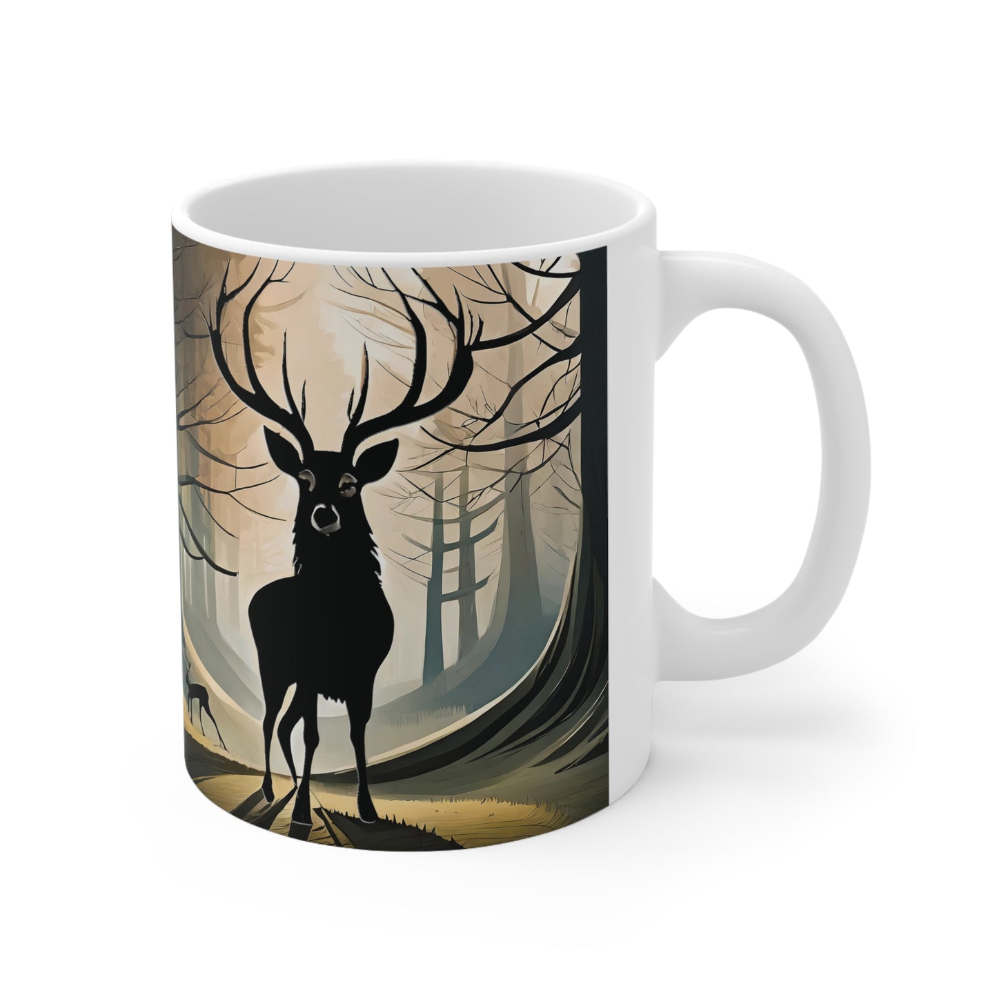 Stag Silhouette Woodland Scene Mug, Coffee Cup, Tea Cup, Scotland, White