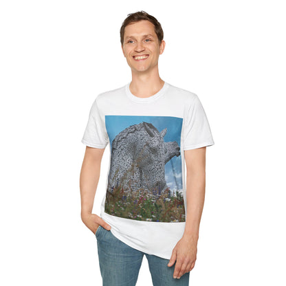 Kelpies with Meadow Photo Softstyle T-Shirt, Unisex Tee, Scottish Landmarks, Various Colours