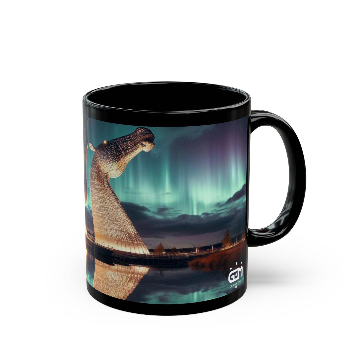 Kelpies Northern Lights Mug, Coffee Cup, Tea Cup, Scottish Art, Scottish Landmarks, Scottish Nature, Black