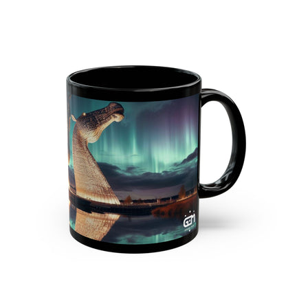 Kelpies Northern Lights Mug, Coffee Cup, Tea Cup, Scottish Art, Scottish Landmarks, Scottish Nature, Black