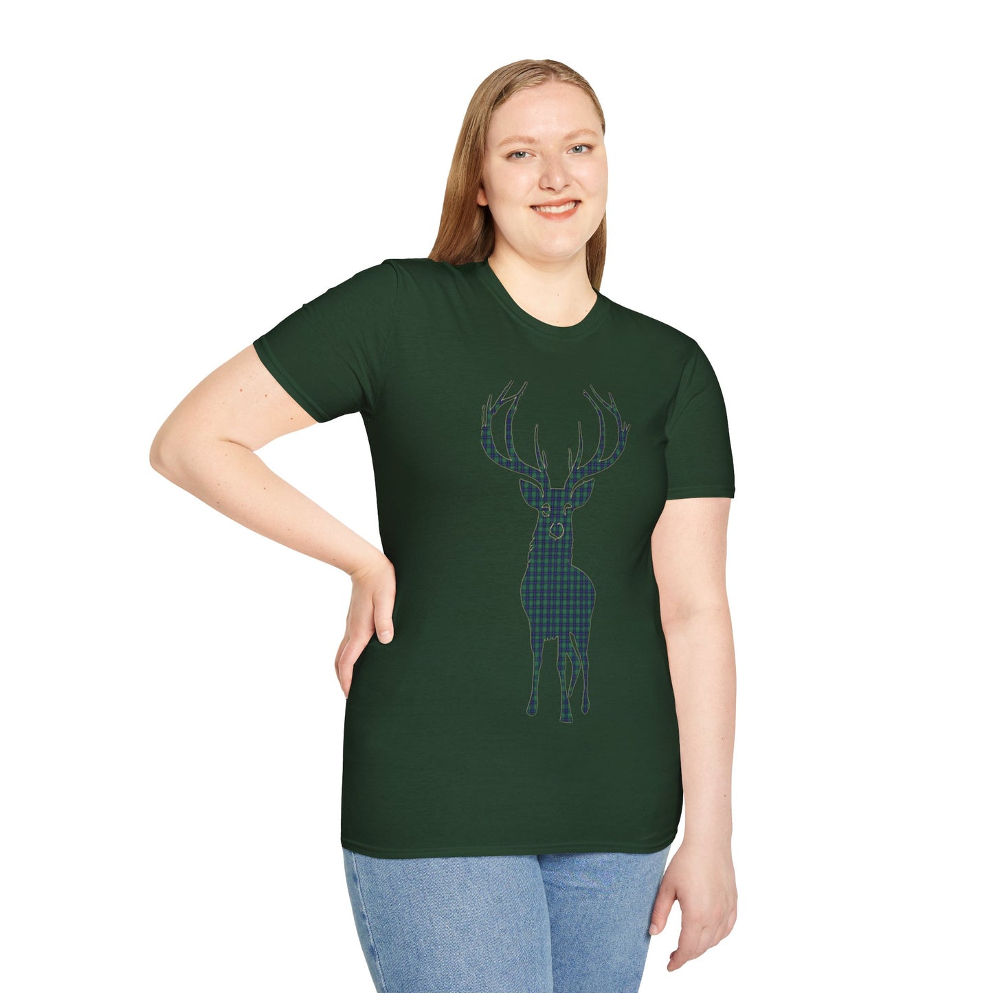 Tartan Stag Softstyle T-Shirt - Douglas Tartan, Unisex Tee, Scottish Scenery, Various Colours