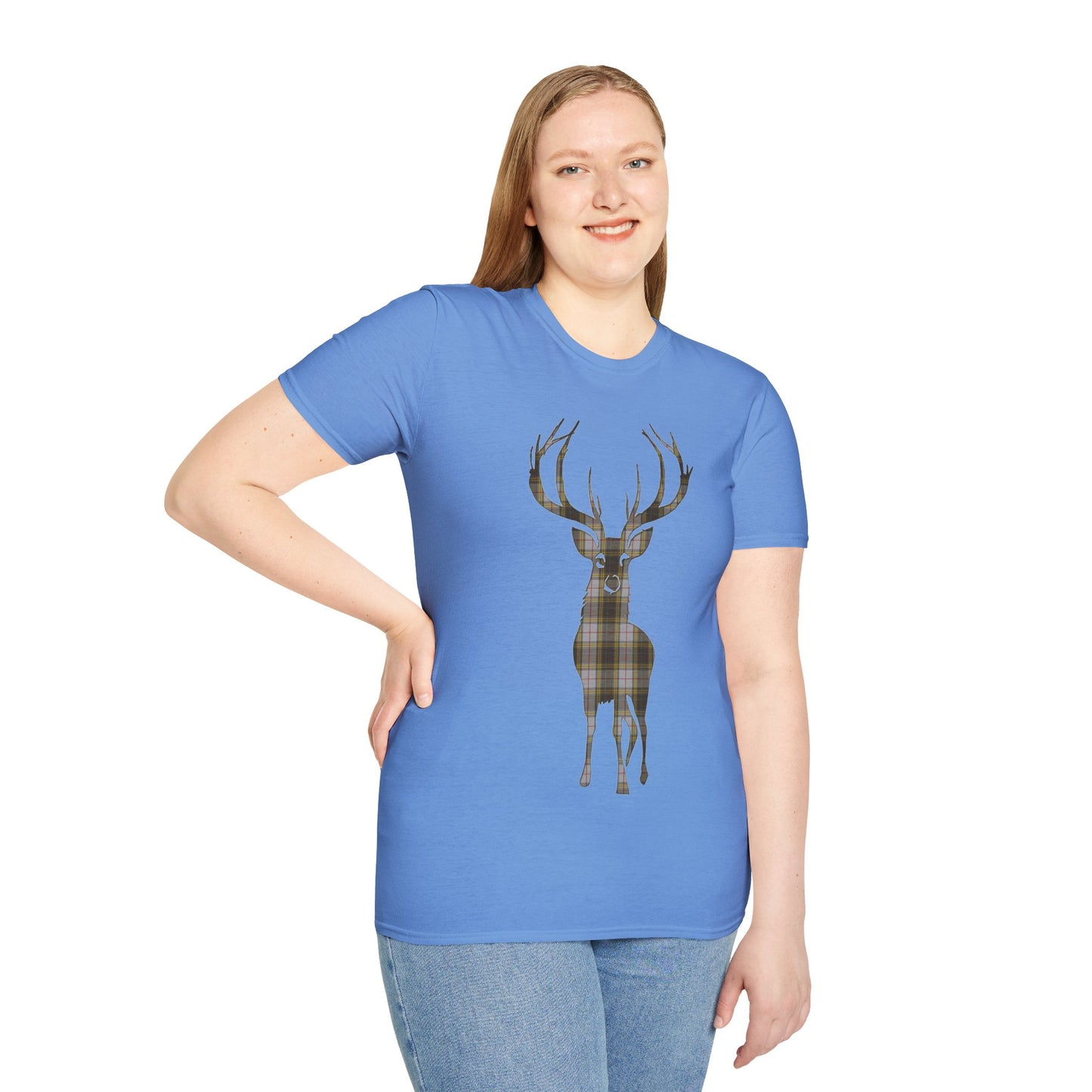 Tartan Stag Softstyle T-Shirt - Buchanan Tartan, Unisex Tee, Scottish Scenery, Various Colours