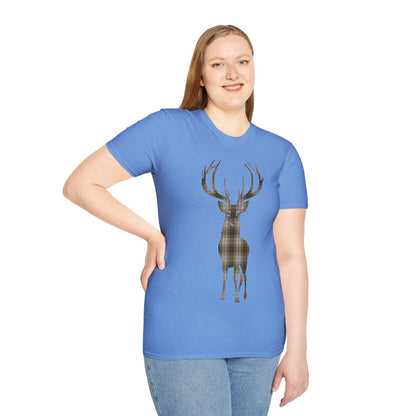 Tartan Stag Softstyle T-Shirt - Buchanan Tartan, Unisex Tee, Scottish Scenery, Various Colours