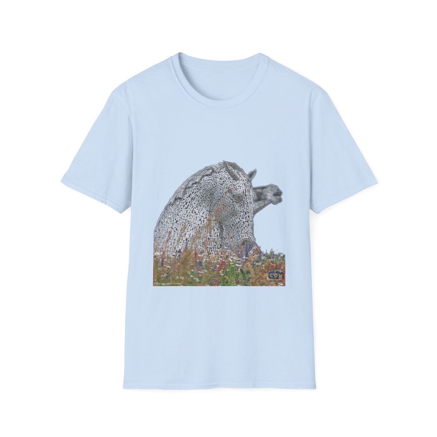 Scottish Kelpies with Meadow No Sky Photo Softstyle Unisex T-Shirt, Scotland Tee