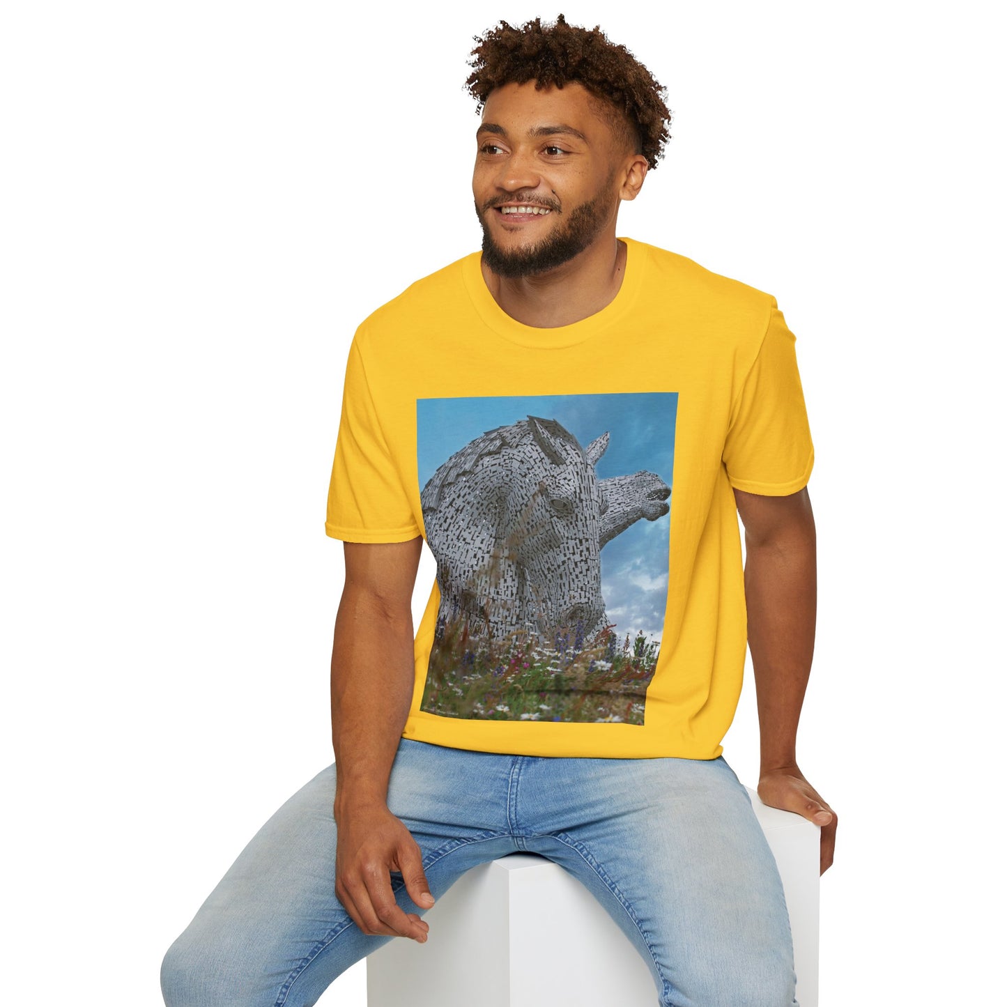 Kelpies with Meadow Photo Softstyle Unisex T-Shirt, Scottish Tee