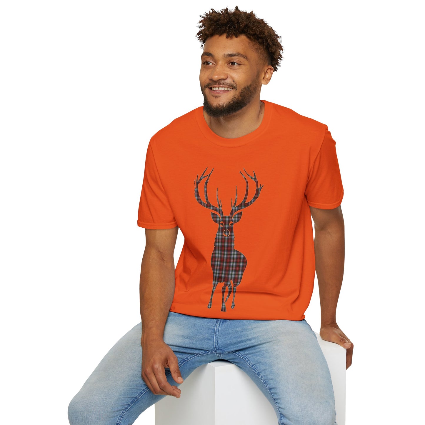 Tartan Stag Softstyle T-Shirt - Stewart Tartan, Unisex Tee, Scottish Scenery, Various Colours