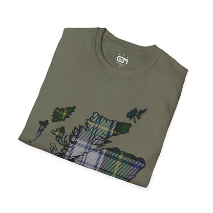 Scotland Tartan Map Softstyle Unisex T-Shirt, Gordon Dress Tartan, Various Colours