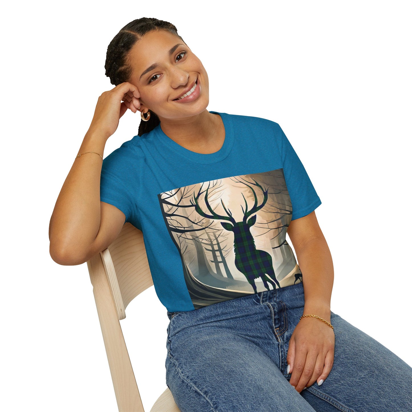 Stag Tartan Silhouette Softstyle T-Shirt - Black Watch Tartan, Unisex Tee, Scottish Scenery, Various Colours