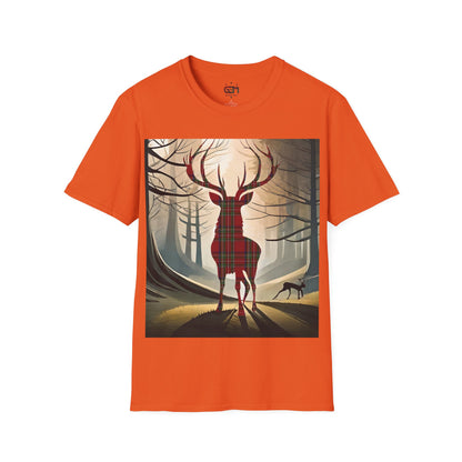 Stag Tartan Silhouette Softstyle T-Shirt - Stewart Royal Tartan, Unisex Tee, Scottish Scenery, Various Colours