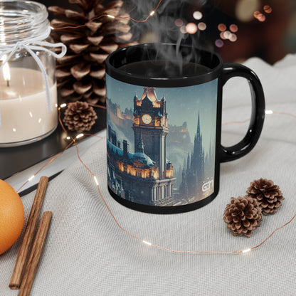 Edinburgh in Winter Mug, Coffee Cup, Tea Cup, Scottish Art, Scottish Landmarks, Scottish Nature, Black