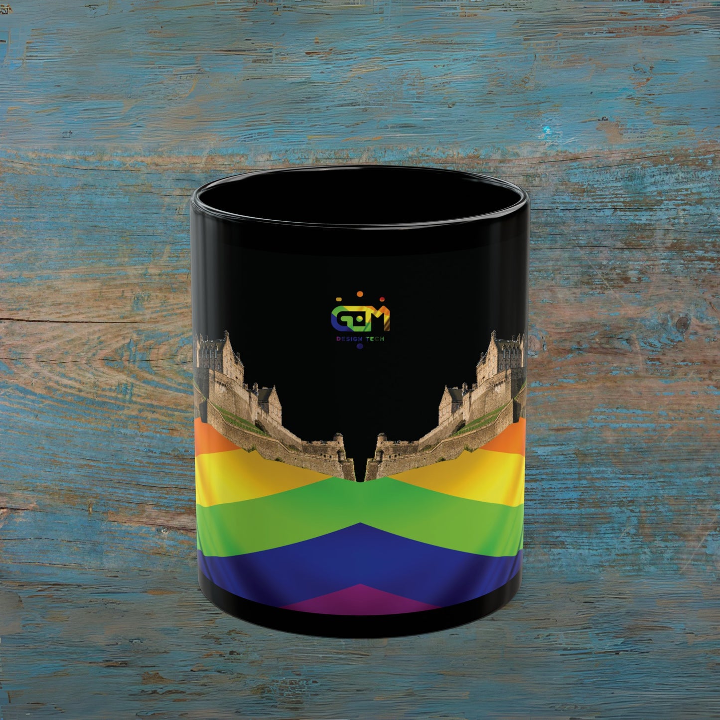 Pride Flag Rock Edinburgh Castle Photo Mug, Black