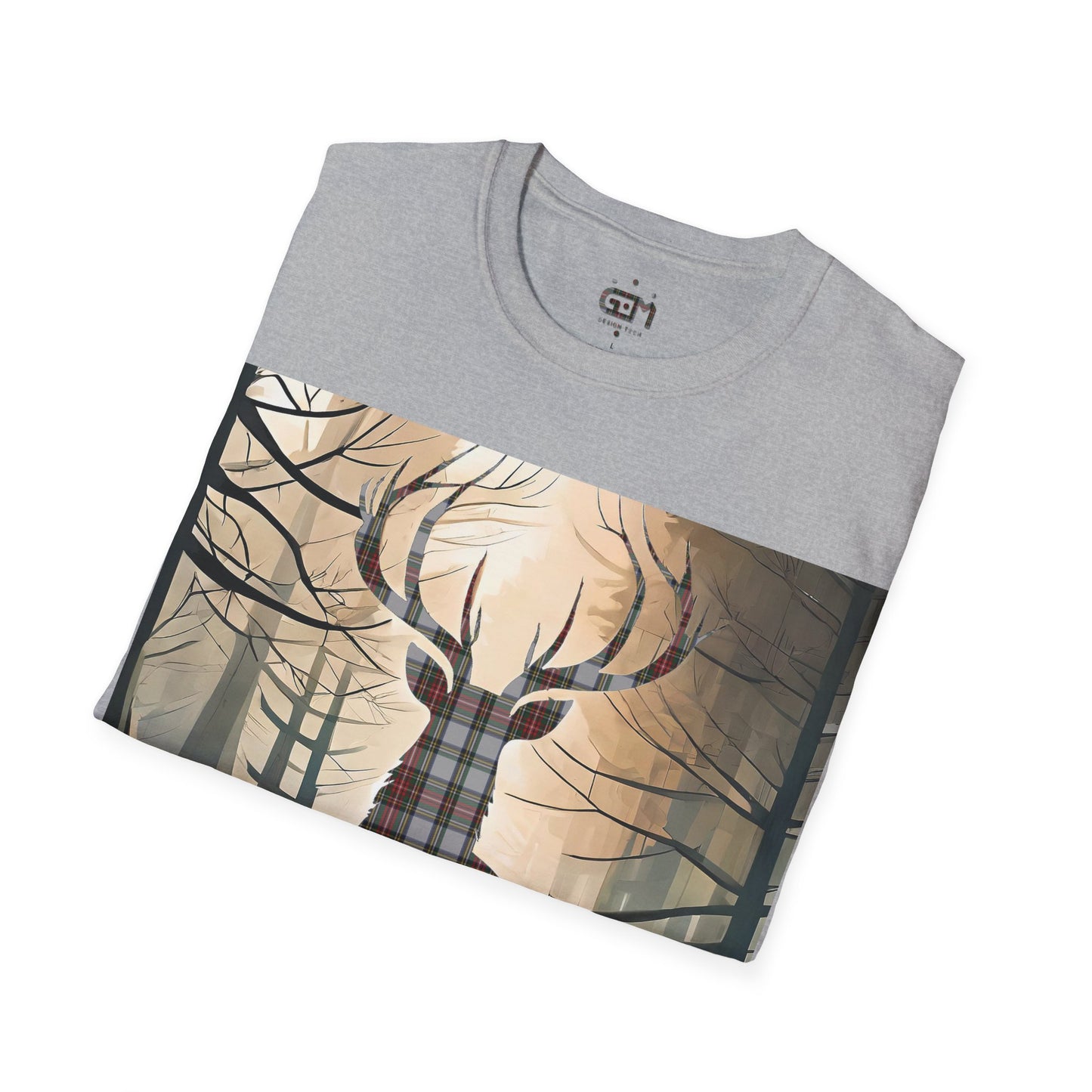 Stag Tartan Silhouette Softstyle T-Shirt - Stewart Dress Tartan, Unisex Tee, Scottish Scenery, Various Colours