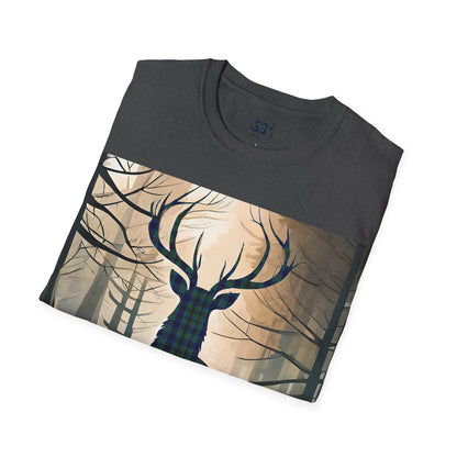 Stag Tartan Silhouette Softstyle T-Shirt - Miller Tartan, Unisex Tee, Scottish Scenery, Various Colours