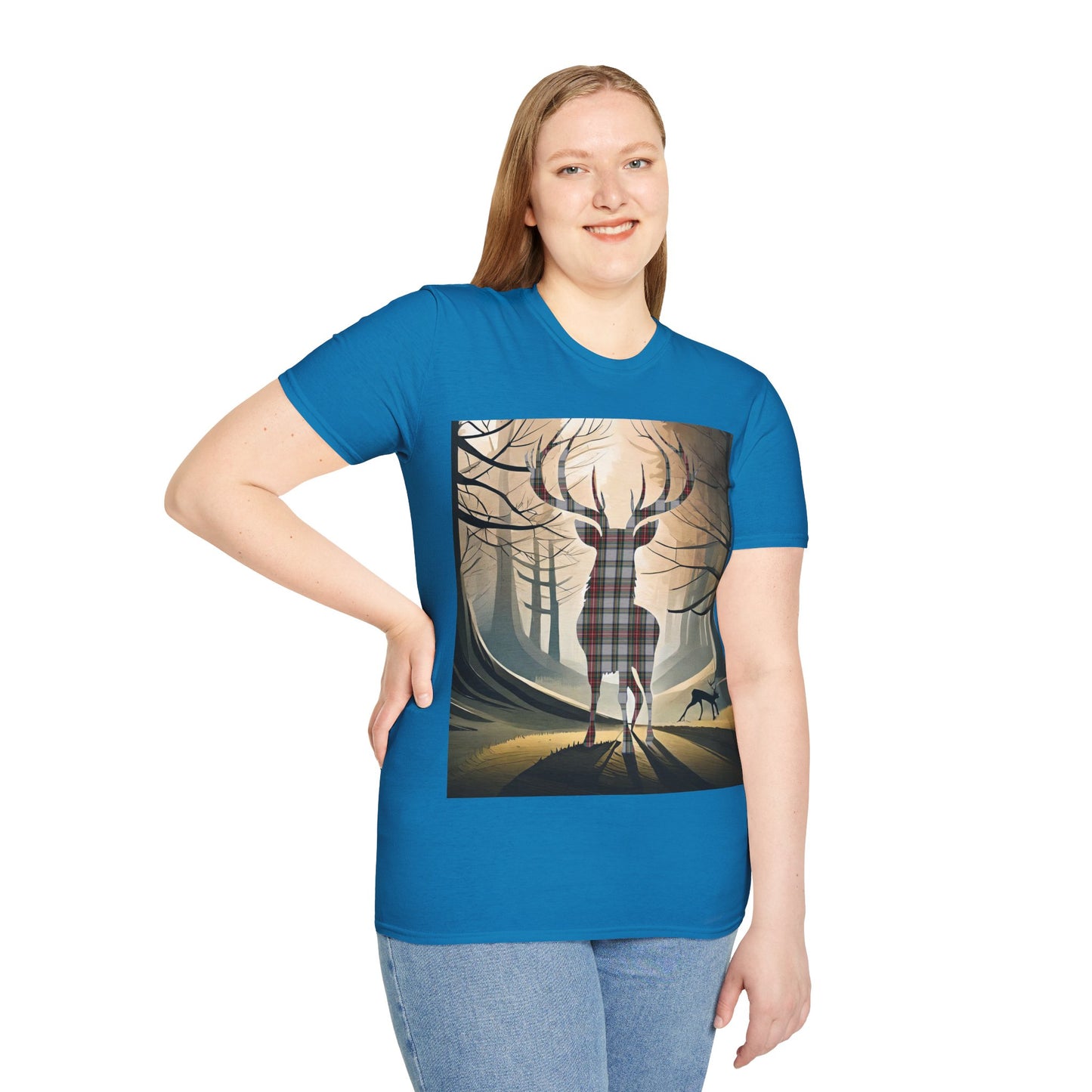 Stag Tartan Silhouette Softstyle T-Shirt - Stewart Dress Tartan, Unisex Tee, Scottish Scenery, Various Colours