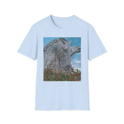 Scottish Kelpies with Meadow Photo Softstyle Unisex T-Shirt, Scotland Tee