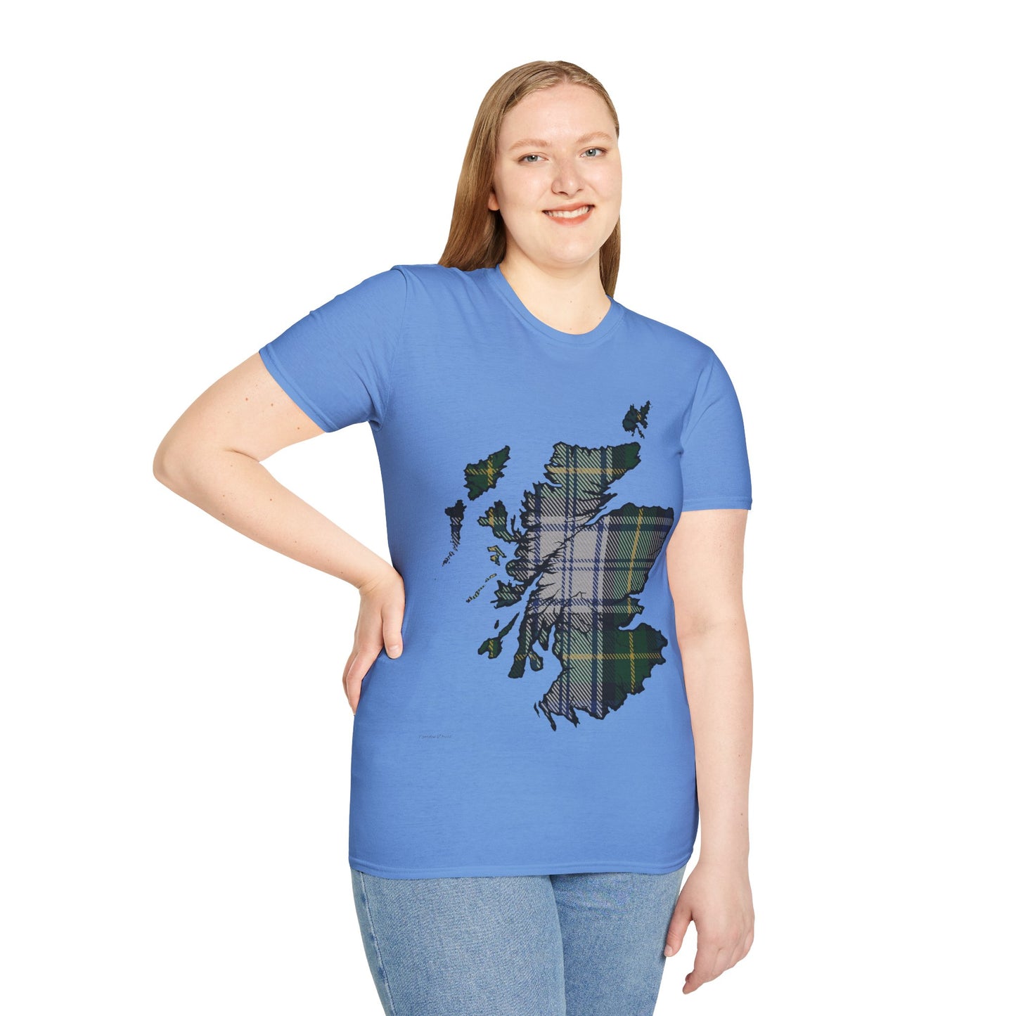 Scotland Tartan Map Softstyle Unisex T-Shirt, Gordon Dress Tartan, Various Colours