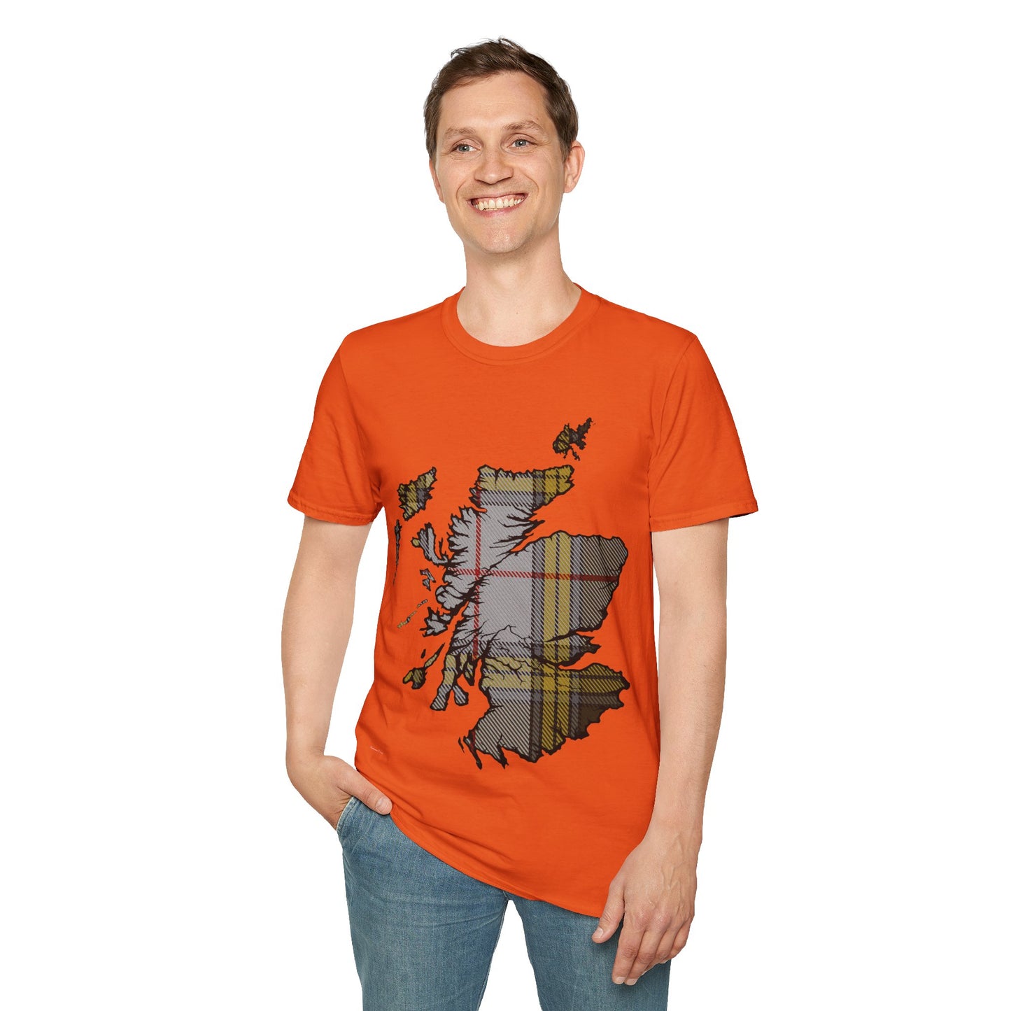 Scotland Tartan Map Softstyle Unisex T-Shirt, Buchanan Dress Tartan, Various Colours