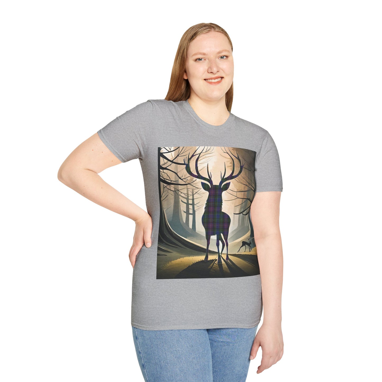 Stag Tartan Silhouette Softstyle T-Shirt - Rankin Tartan, Unisex Tee, Scottish Scenery, Various Colours