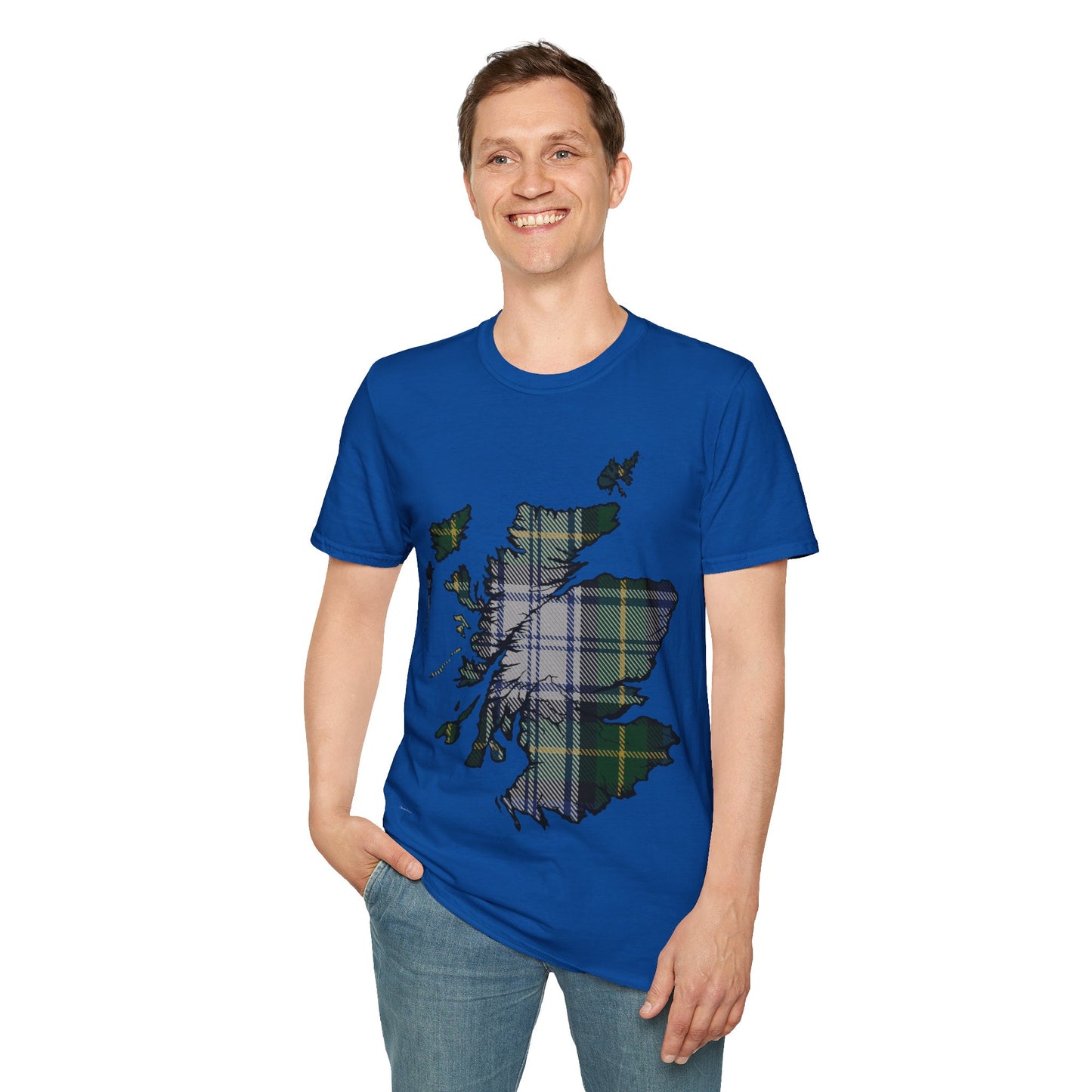 Scotland Tartan Map Softstyle Unisex T-Shirt, Gordon Dress Tartan, Various Colours