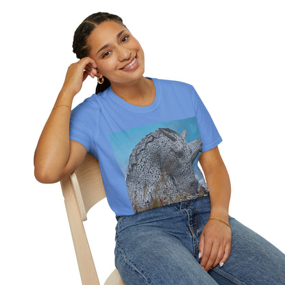 Kelpies with Meadow Photo Softstyle T-Shirt, Unisex Tee, Scottish Landmarks, Various Colours