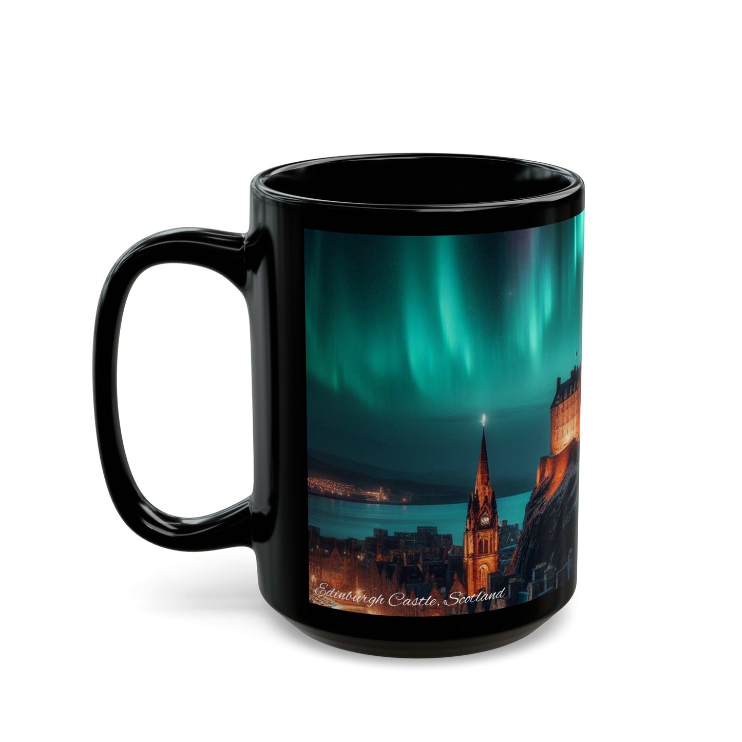 Edinburgh Castle Northern Lights Mug, Coffee Cup, Tea Cup, Scottish Art, Scottish Landmarks, Scottish Nature, Black