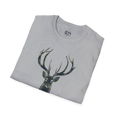 Tartan Stag Softstyle T-Shirt - Gordon Dress Tartan, Unisex Tee, Scottish Scenery, Various Colours