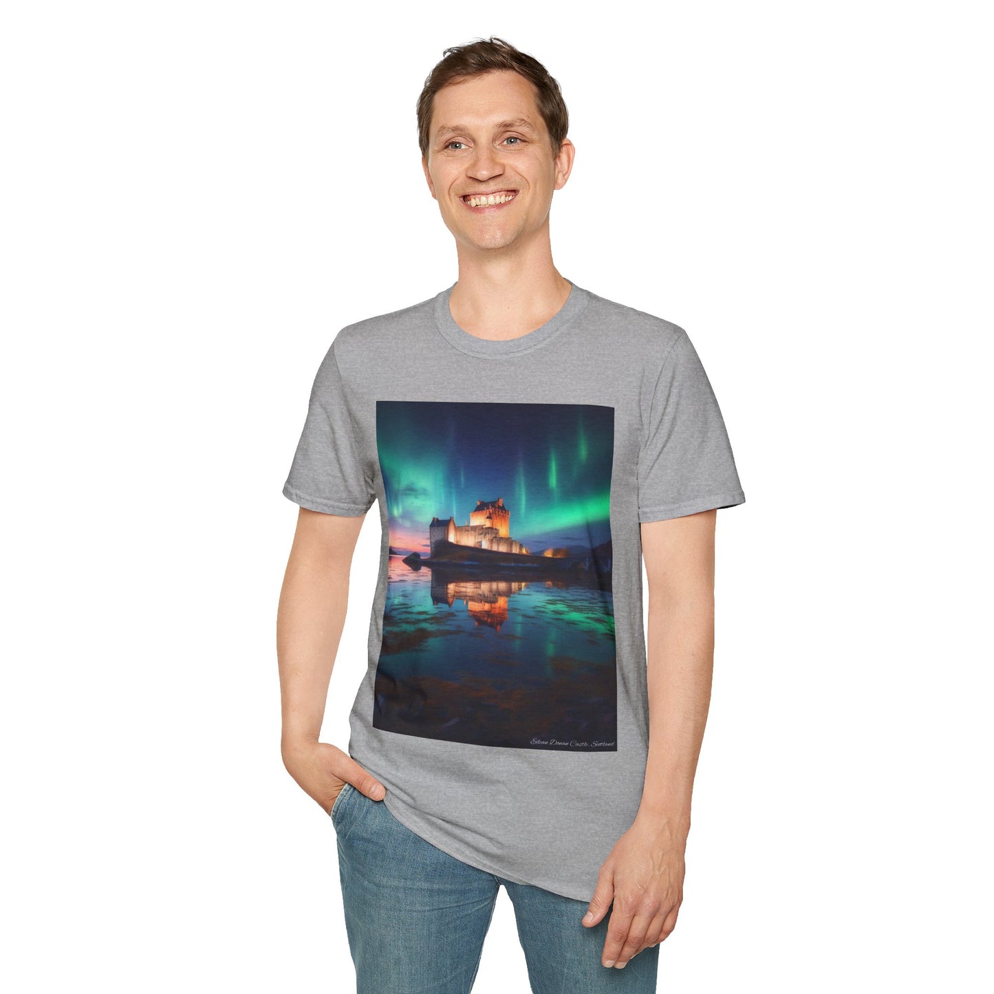 Eilean Donan Castle with Northern Lights Softstyle Unisex T-Shirt, Scotland Tee