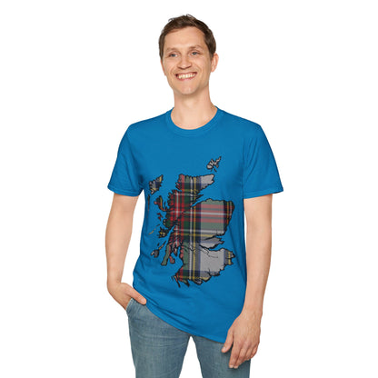 Scotland Tartan Map Softstyle Unisex T-Shirt, Stewart Dress Tartan, Various Colours