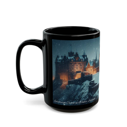 Edinburgh Castle in Winter Mug, Coffee Cup, Tea Cup, Scottish Art, Scottish Landmarks, Scottish Nature, Black