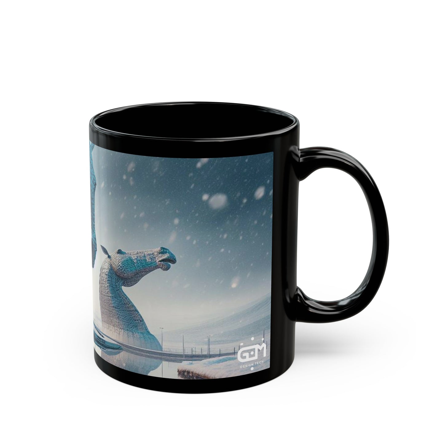 Kelpies in Winter Mug, Coffee Cup, Tea Cup, Scottish Art, Scottish Landmarks, Scottish Nature, Black