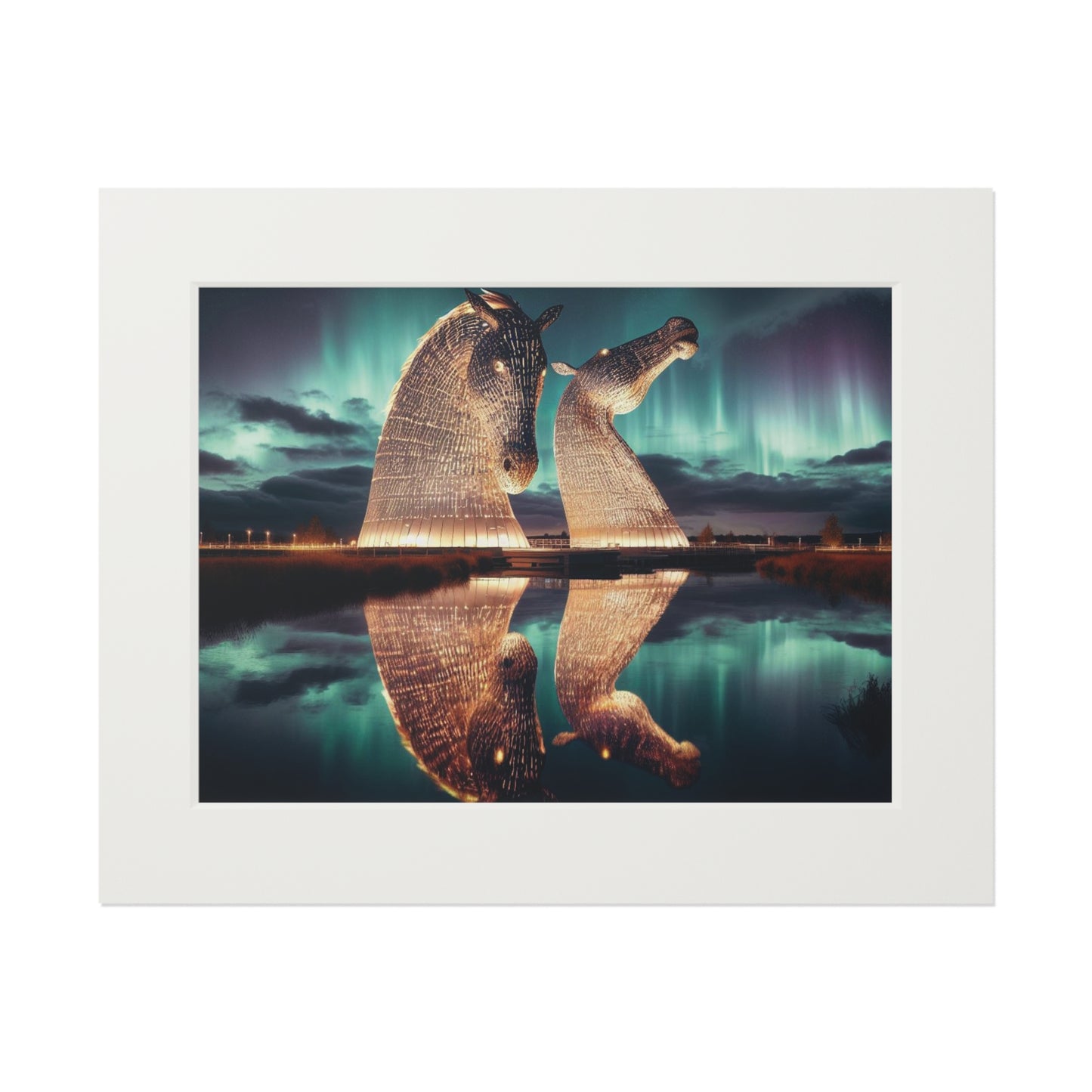 Kelpies Northern Lights Fine Art Print, Scotland Art, Paper Frame, Various Sizes, Horizontal