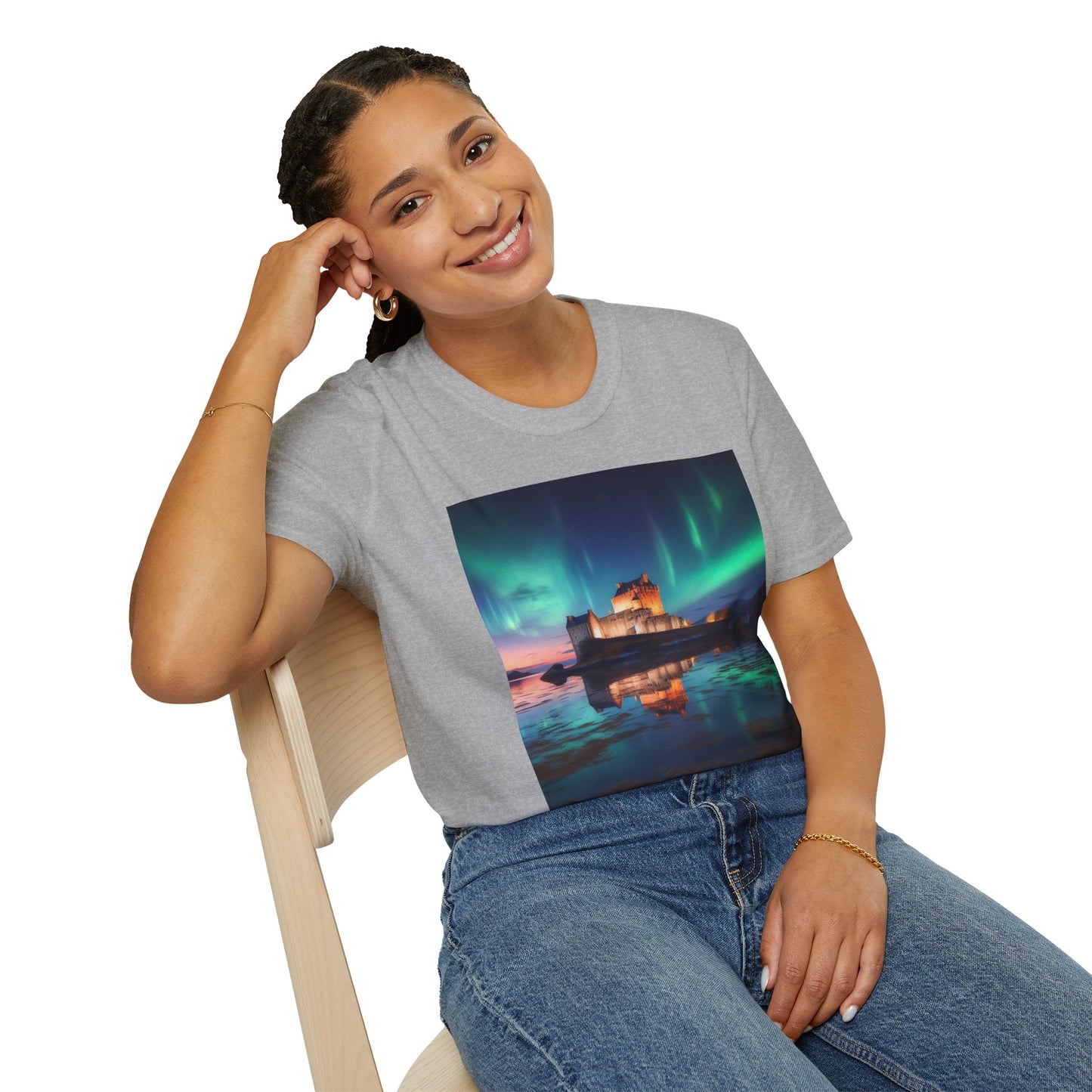 Eilean Donan Castle with Northern Lights Softstyle Unisex T-Shirt, Scotland Tee