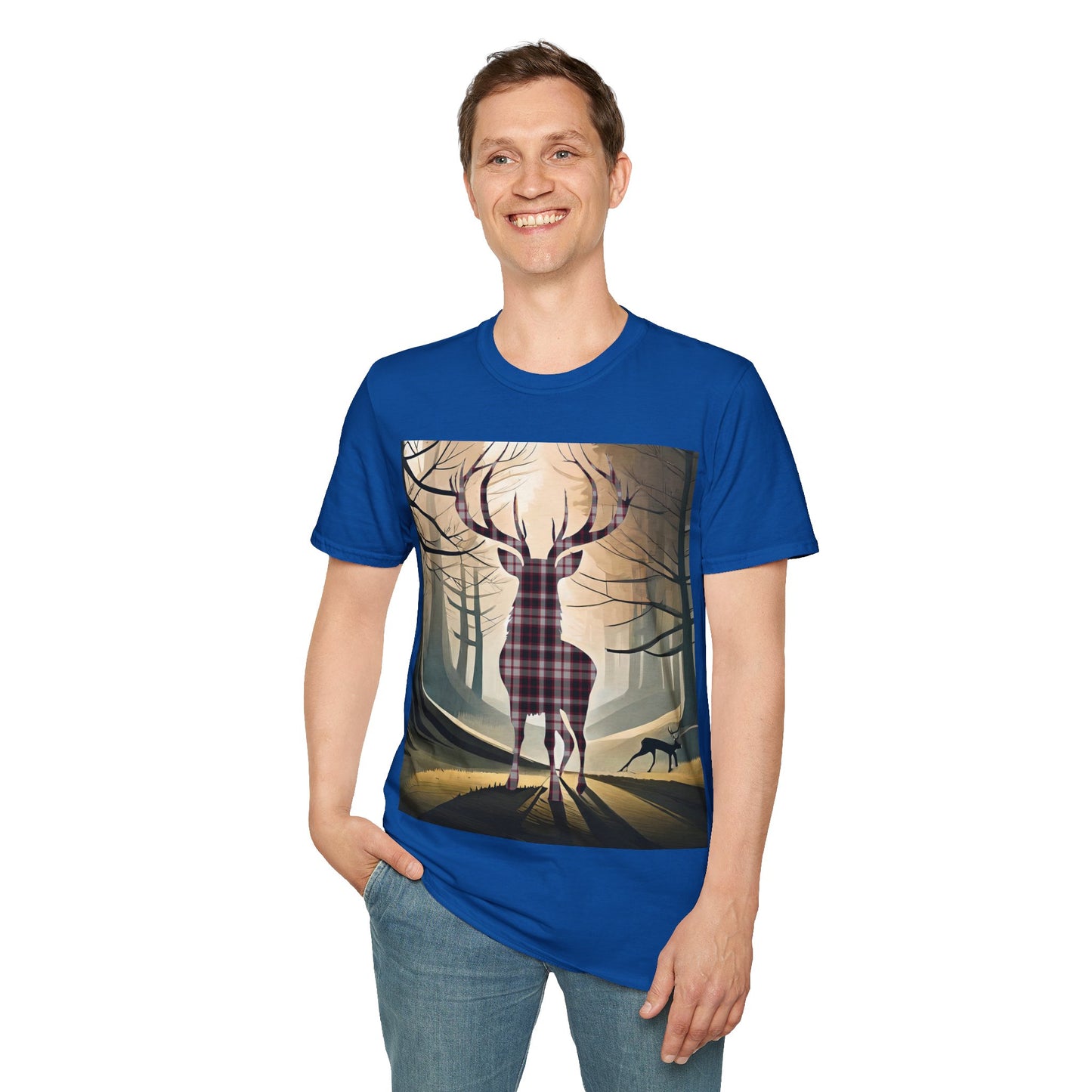 Stag Tartan Silhouette Softstyle T-Shirt - MacPherson Tartan, Unisex Tee, Scottish Scenery, Various Colours