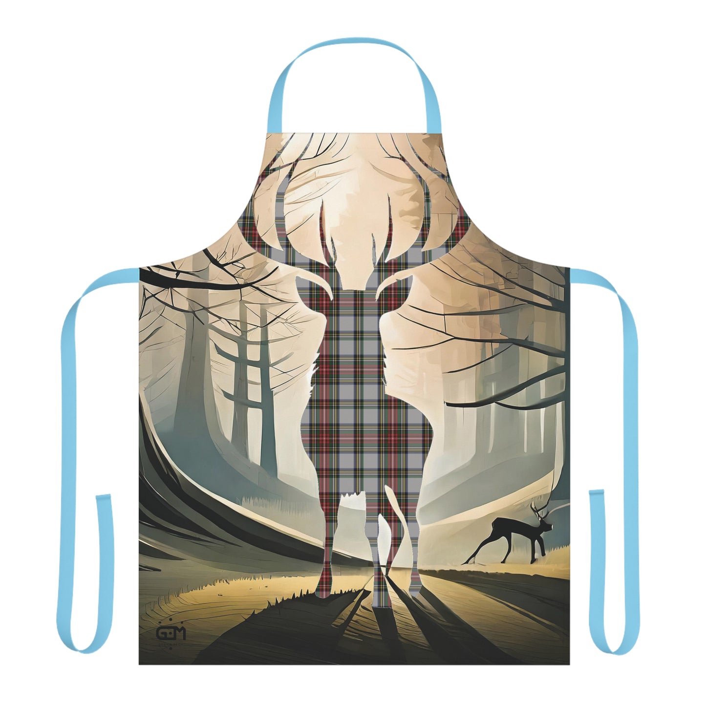 Tartan Stag Woodland Scene Apron - Stewart Dress Tartan, Scottish Cooking Apparel, Chef Accessory