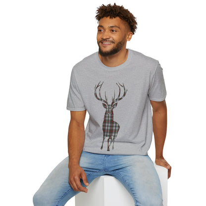 Tartan Stag Softstyle T-Shirt - Stewart Dress Tartan, Unisex Tee, Scottish Scenery, Various Colours