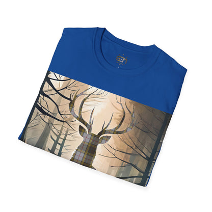 Stag Tartan Silhouette Softstyle T-Shirt - Buchanan Tartan, Unisex Tee, Scottish Scenery, Various Colours