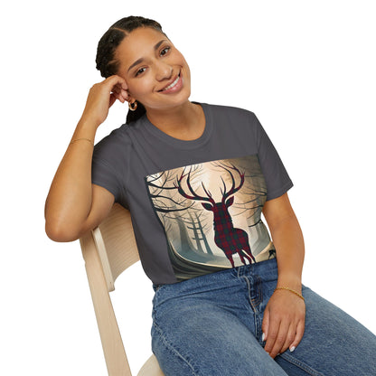 Stag Tartan Silhouette Softstyle T-Shirt - Lindsay Tartan, Unisex Tee, Scottish Scenery, Various Colours