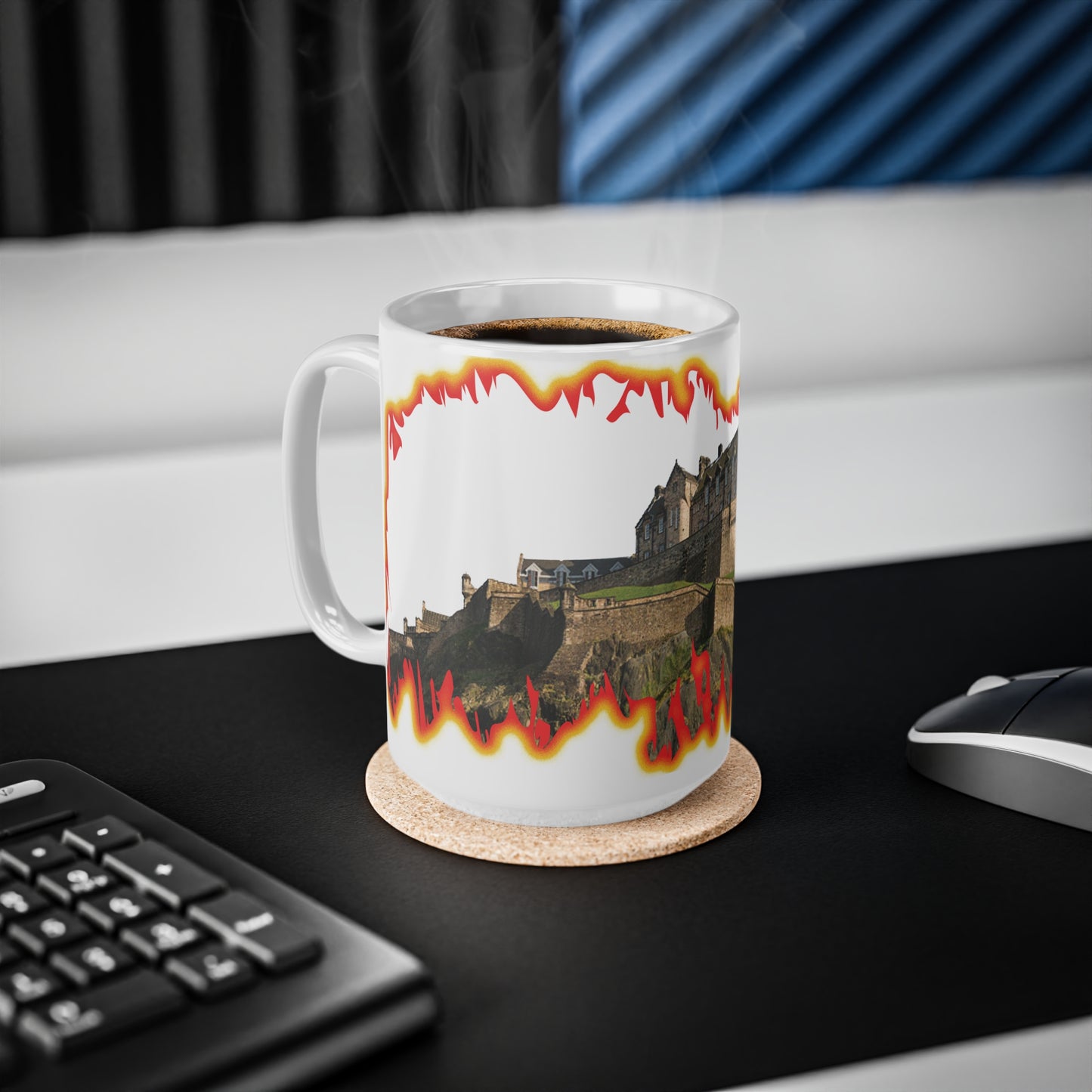 Edinburgh Castle Fire Effect Photo Mug, White