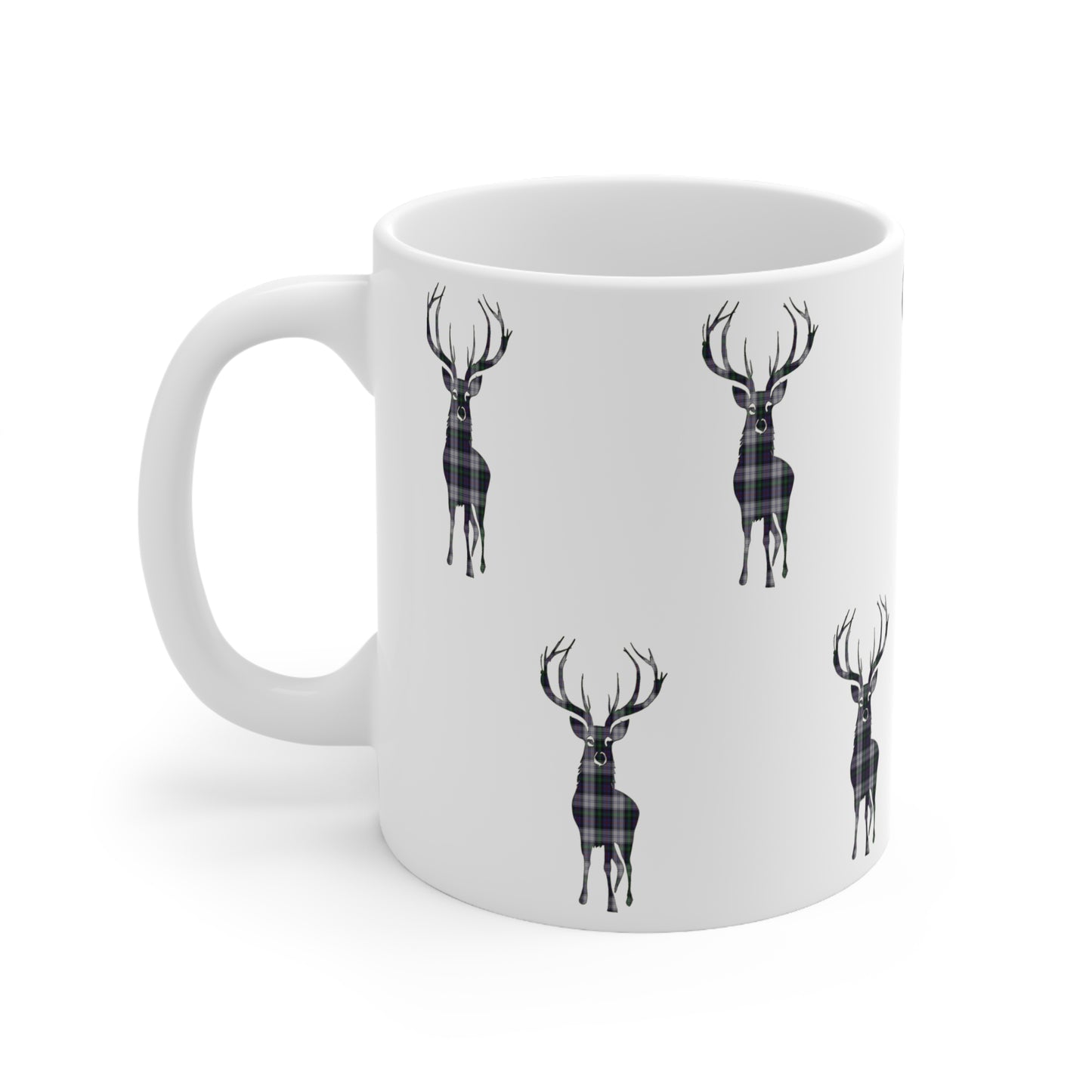 Tartan Stag Mug - Argyle Dress Tartan, Coffee Cup, Tea Cup, Scotland, White