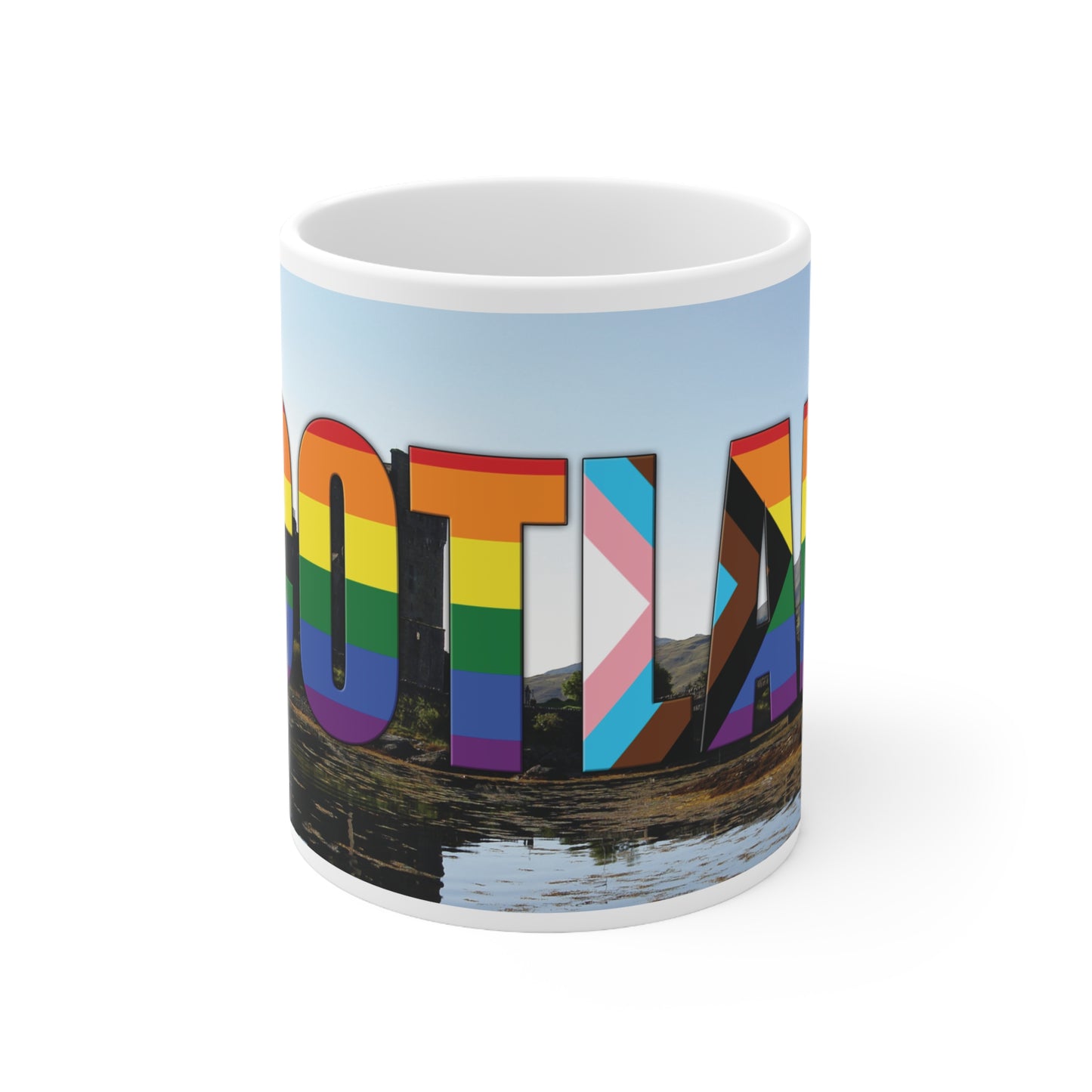 Scotland Lettering Pride Progress Photo Mug, White