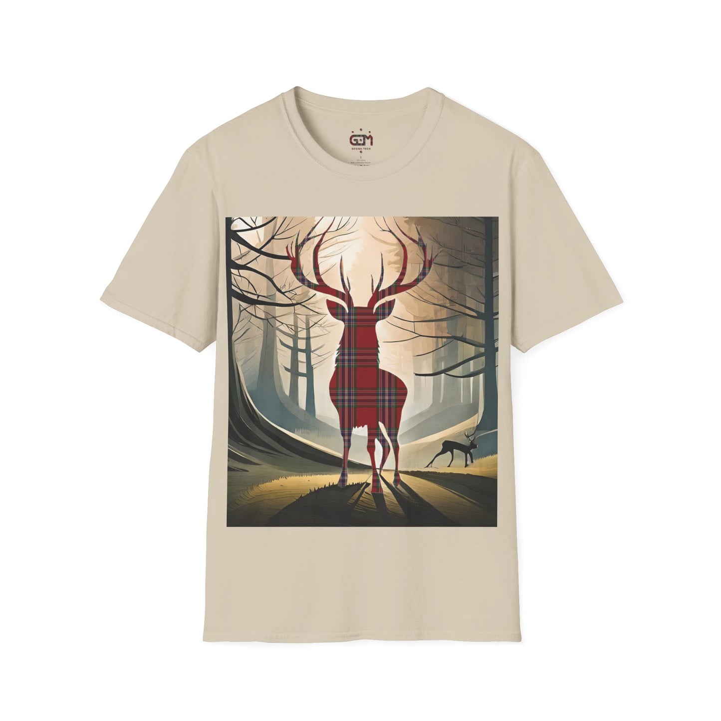 Stag Tartan Silhouette Softstyle T-Shirt - MacFarlane Tartan, Unisex Tee, Scottish Scenery, Various Colours