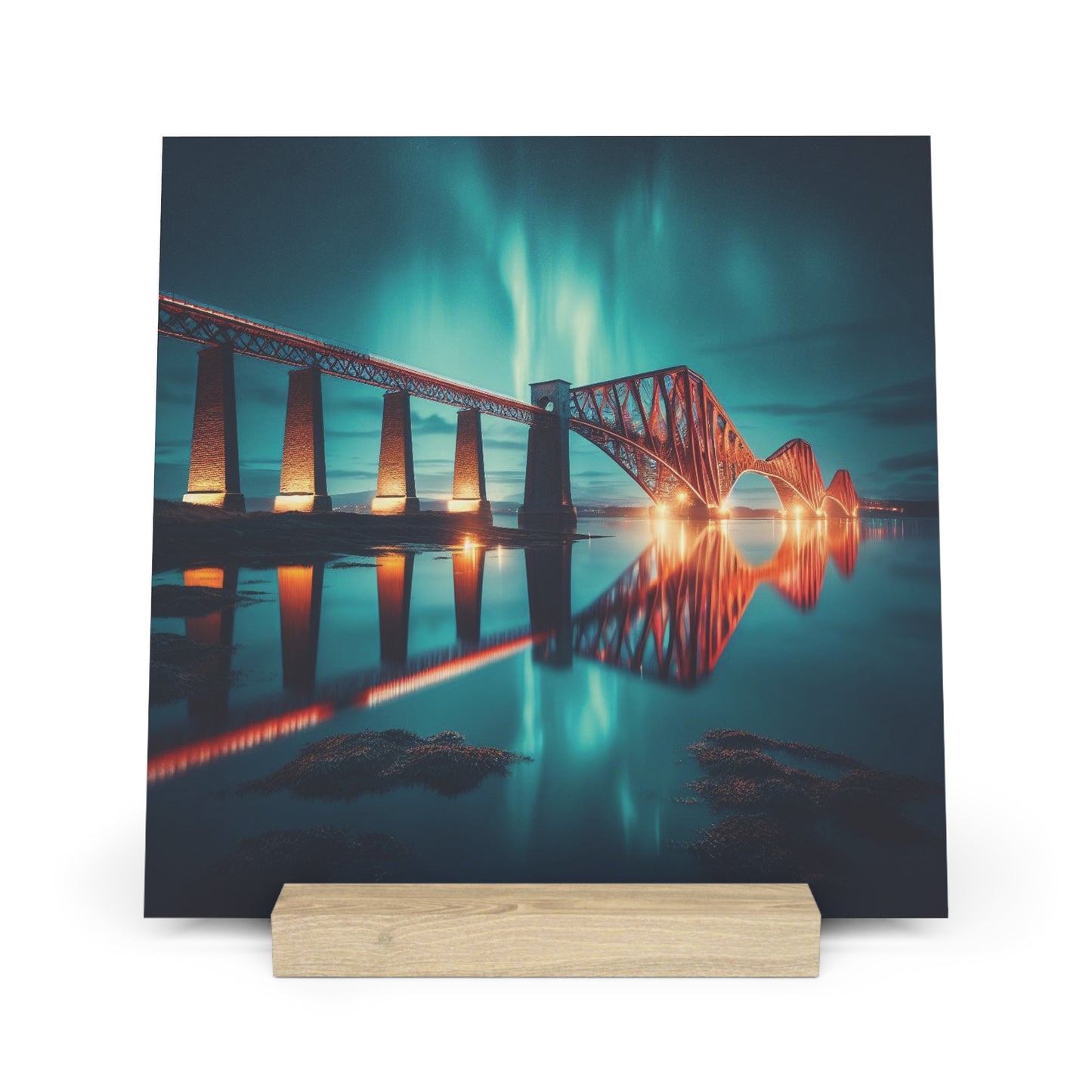 Forth Rail Bridge Northern Lights Gallery Stand, Oak Picture Stand, Scotland Art, Paysage, Points de repère, Différentes tailles